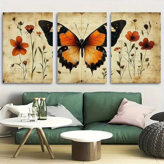 3pcs Vibrant Orange & Black Butterfly with Florals Metal Print Ready to Hang Art