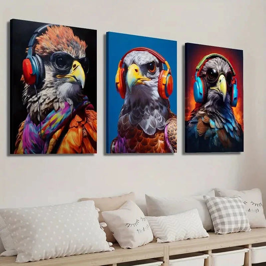 3pcs Vibrant Falcon with Headphones Wall Art Set Canvas Framed 40x60cm - High Quality Print 100% Australian Made Wall Canvas Ready to Hang