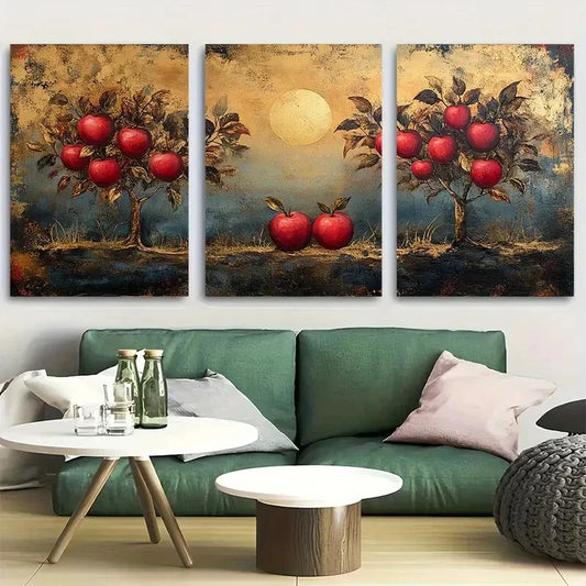 3pcs Crimson Apple Orchard Metal Print Ready to Hang Art