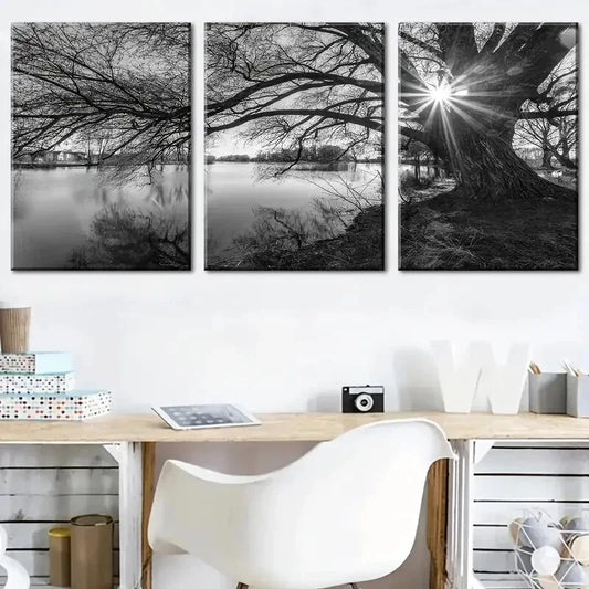3pcs black and white art sunrise landscape  Metal Print Ready to Hang Art
