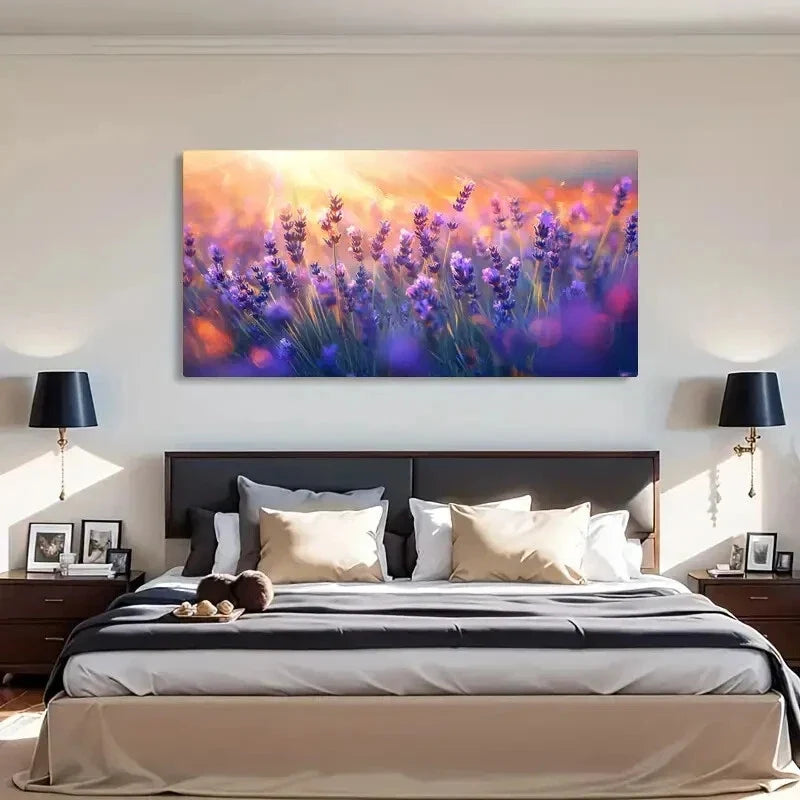 Purple Floral Sunset Lavender Wall Art Canvas Office Home Room Framed 120x60cm