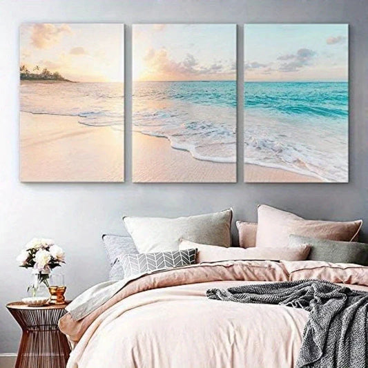 3pcs Teal Beach Waves on Shore at Sunset Nature Metal Print Ready to Hang Art