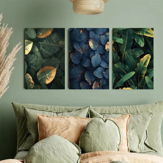 3pcs Elegant Green & Deep Golden Leaf Metal Print Ready to Hang Art