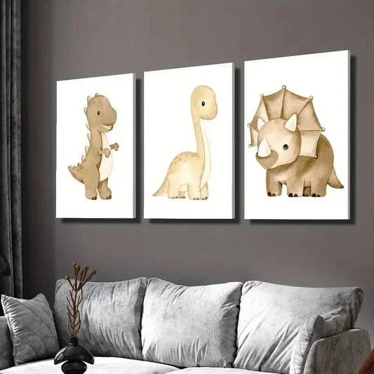 3pcs Cartoon Dinosaur Animal Themed Wall Art Set Canvas Framed 40x60cm - High Quality Print 100% Australian Made Wall Canvas Ready to Hang