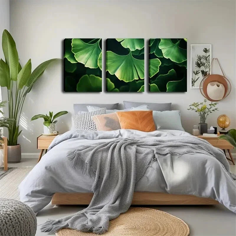 3pcs Green Ginkgo Leaf Wall Art Set Canvas Framed 40x60cm - High Quality Print 100% Australian Made Wall Canvas Ready to Hang