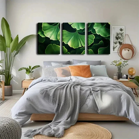3pcs Green Ginkgo Leaf Wall Art Set Canvas Framed 40x60cm - High Quality Print 100% Australian Made Wall Canvas Ready to Hang