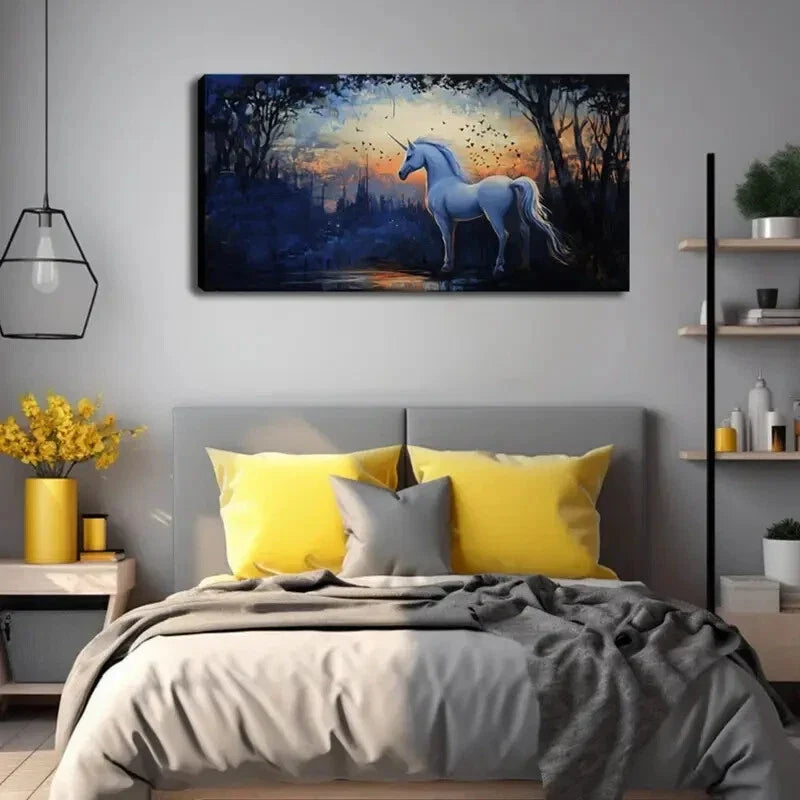 Unicorn in Twilight Forest Wall Art Canvas Office Home Room Framed 120x60cm
