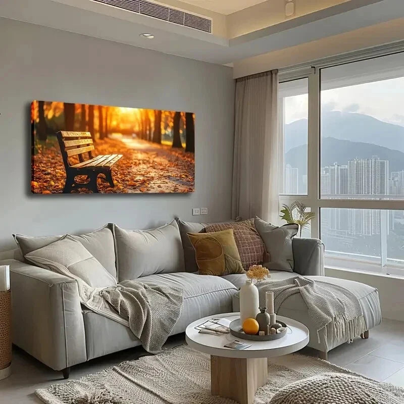 Vibrant Fall Leave Wooden Bench Wall Art Canvas Office Home Room Framed 120x60cm