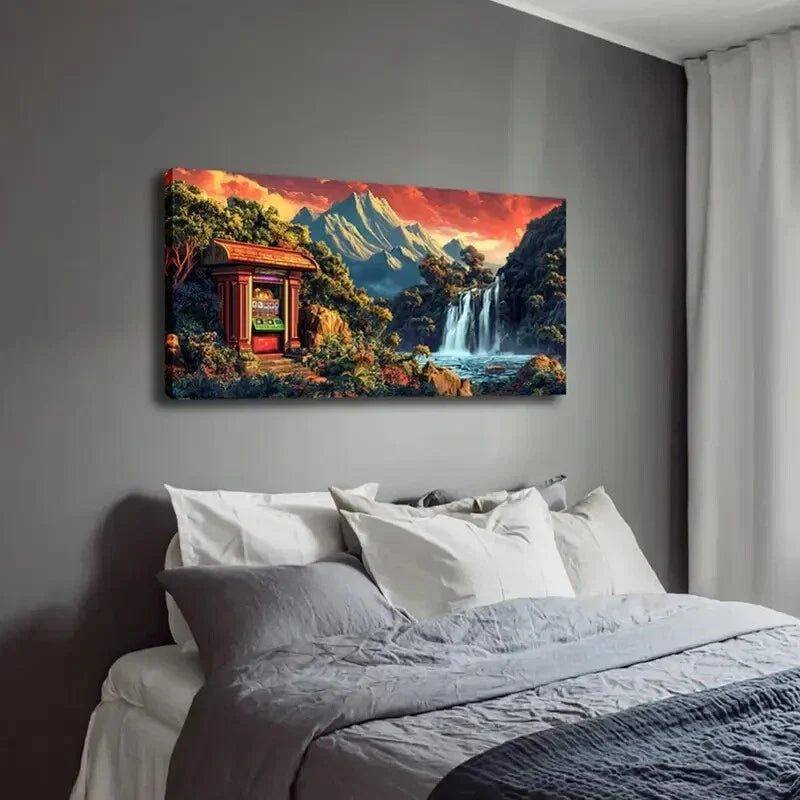 Vibrant Waterfall & Retro T-Rex Wall Art Canvas Office Home Room Framed 120x60cm