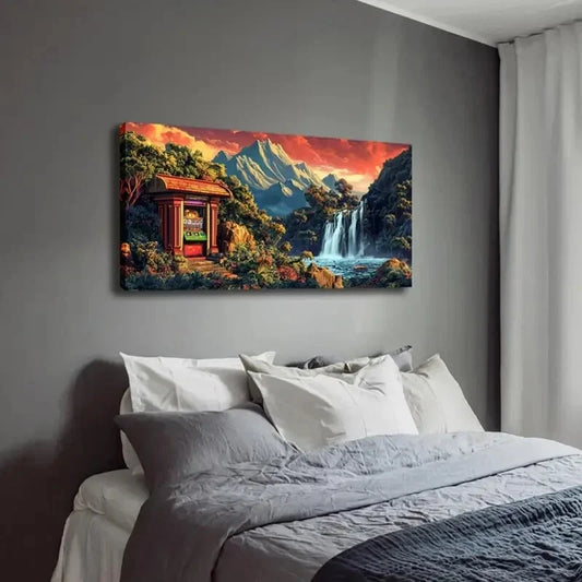 Vibrant Waterfall & Retro T-Rex Wall Art Canvas Office Home Room Framed 120x60cm