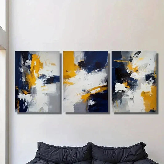 3pcs Abstract Yellow and Blue Metal Print Ready to Hang Art