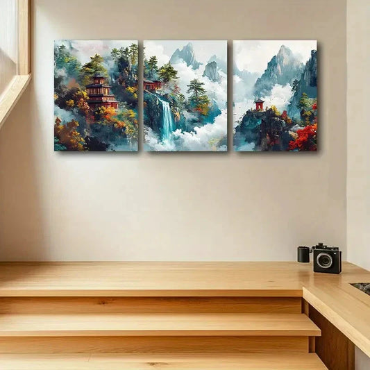 3pcs Colorful Scenery with Pagoda & Waterfalls Metal Print Ready to Hang Art