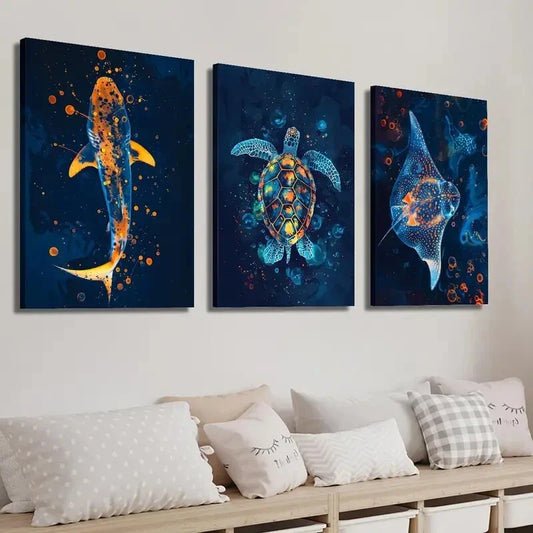 3pcs Colorful Shark Turtle and Stingray Wall Art Set Canvas Framed 40x60cm - High Quality Print 100% Australian Made Wall Canvas Ready to Hang