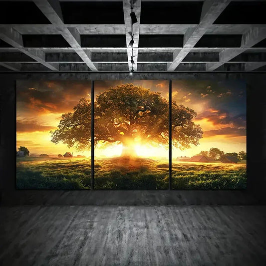3pcs Beautiful Tree In The Center of An Open Area Metal Print Ready to Hang Art