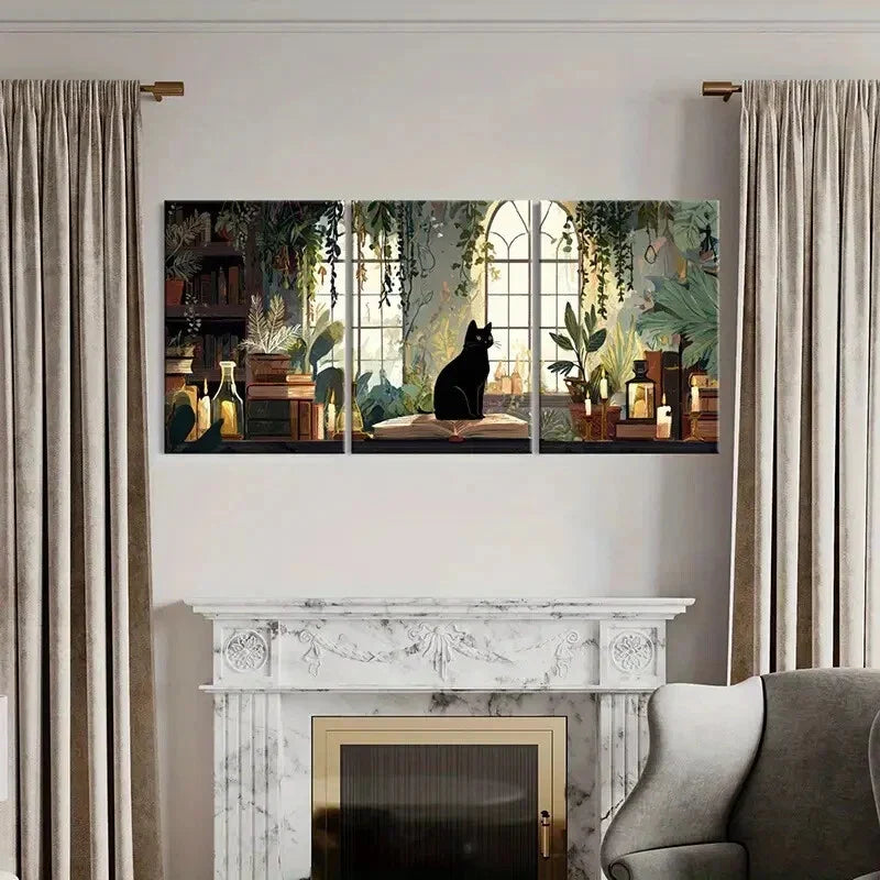 3pcs Black Cat Vintage Books Candles Green Plants Metal Print Ready to Hang Art