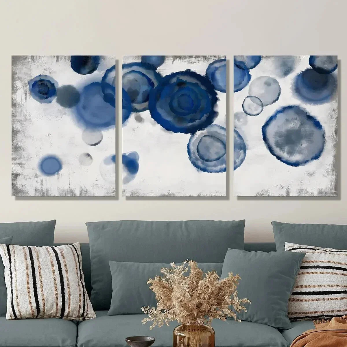 3pcs Abstract Watercolor Mural Navy Blue and White Metal Print Ready to Hang Art