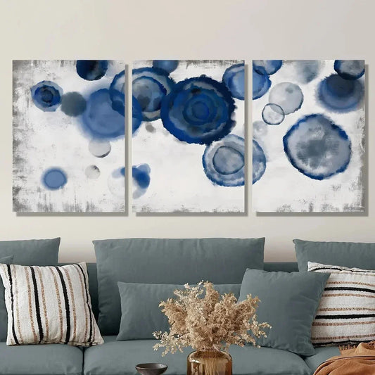 3pcs Abstract Watercolor Mural Navy Blue and White Metal Print Ready to Hang Art