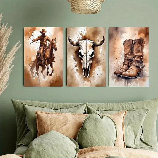 3pcs Vibrant Cowboy Wild West Themed Metal Print Ready to Hang Art