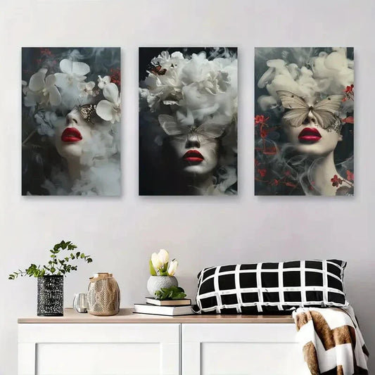 3pcs Red Lips Floral Face Smoke Abstract Metal Print Ready to Hang Art