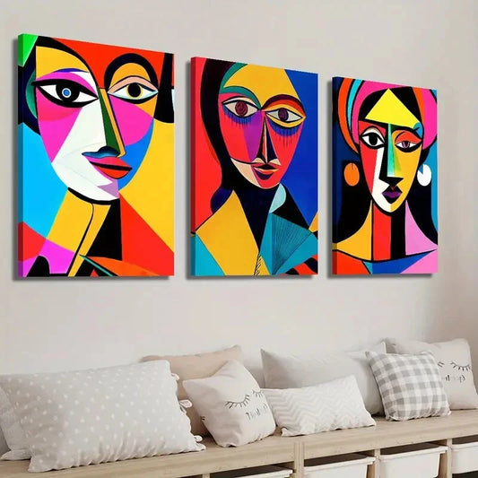 3pcs Vibrant Abstract Geometric Female Faces Wall Art Set Canvas Framed 40x60cm - High Quality Print 100% Australian Made Wall Canvas Ready to Hang