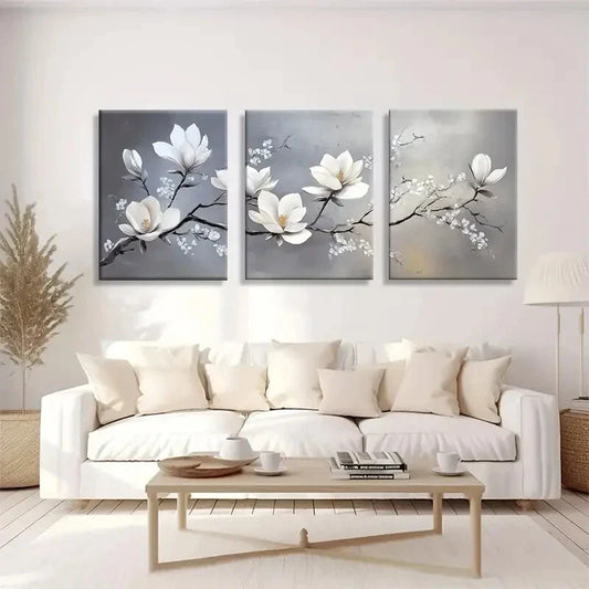 3pcs Elegant Floral White Magnolia Metal Print Ready to Hang Art