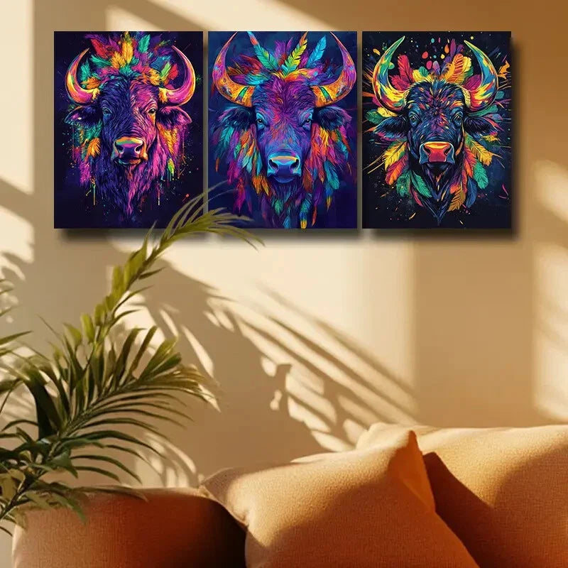 3pcs Colorful Bison Head Metal Print Ready to Hang Art