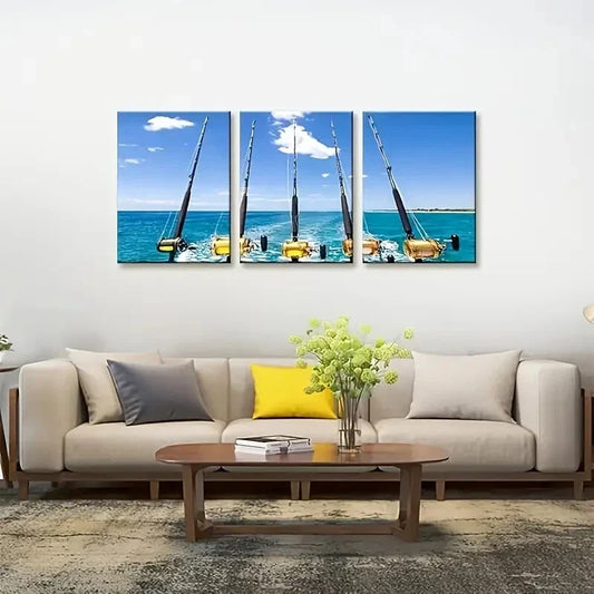 3pcs  Modern Coastal Fishing Rods & Reels Seascape Metal Print Ready to Hang Art