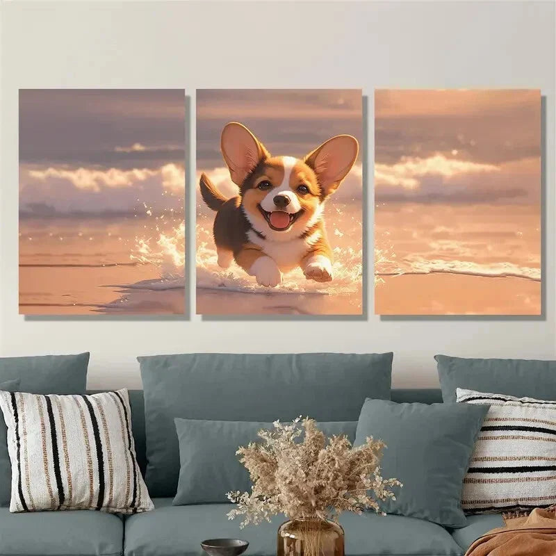 3pcs puppy Corgi is a lively and energetic, Puppy Metal Print Ready to Hang Art