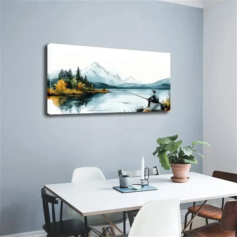 Mountains and Trees Fishing Wall Art Canvas Office Home Room Framed 80x45cm