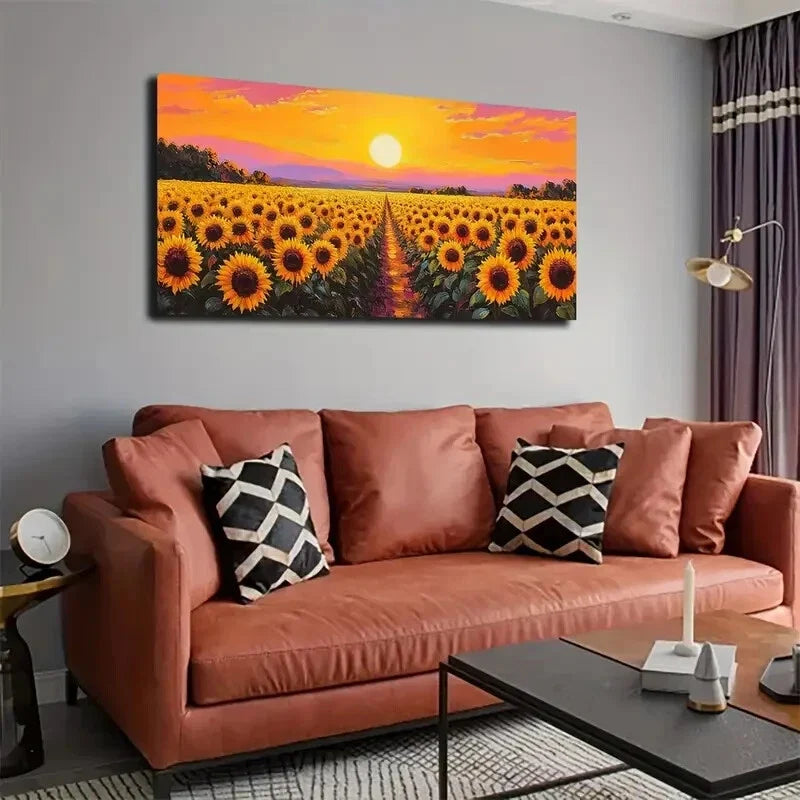 Depicts Sunflower Field Sunset Wall Art Canvas Office Home Room Framed 120x60cm
