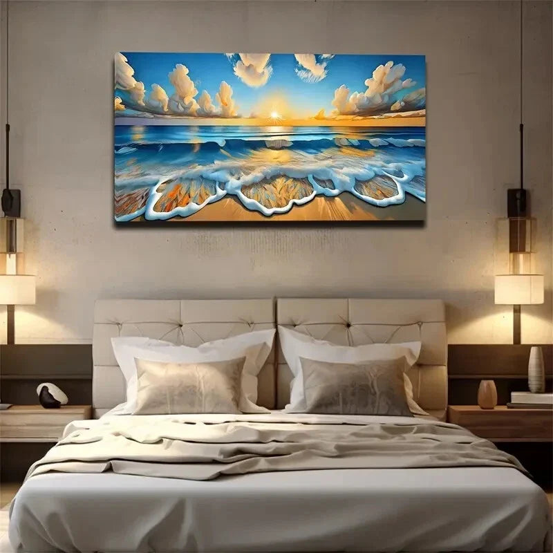 White Spray to Shore Beach Wall Art Canvas Office Home Room Framed 120x60cm