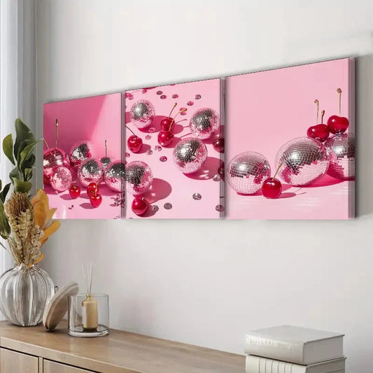 3pcs Cherries & Disco Balls Delicious Perfect Wall Art Set Canvas Framed 40x60cm - High Quality Print 100% Australian Made Wall Canvas Ready to Hang