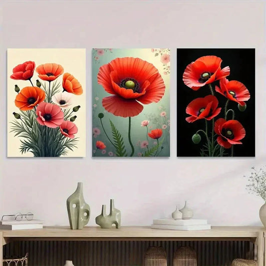 3pcs Vibrant Red Poppy Flower Metal Print Ready to Hang Art
