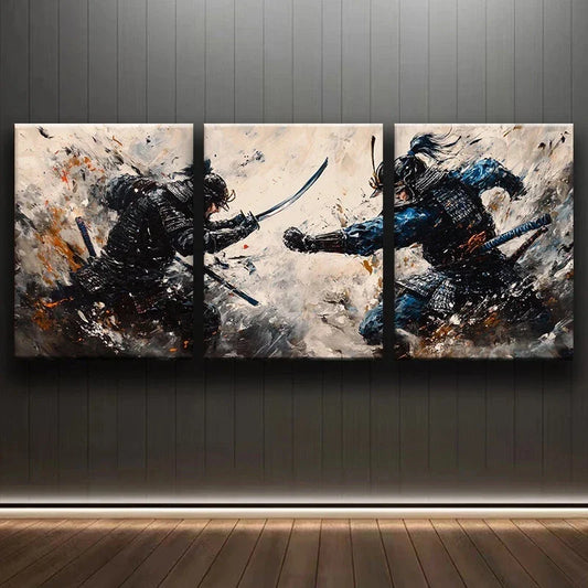 3pcs Two Samurai Fighting Oil Painting Metal Print Ready to Hang Art