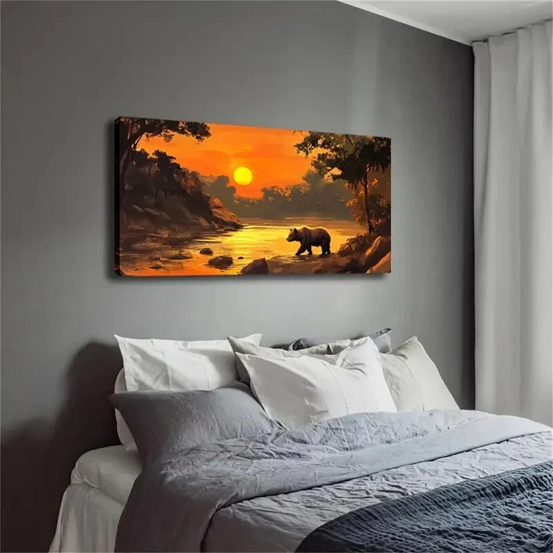 Bear by the Riverbank at Sunset Wall Art Canvas Office Home Room Framed 120x60cm