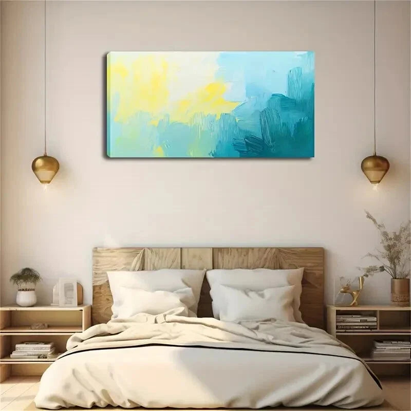 Vibrant Yellow & Blue Abstract Wall Art Canvas Office Home Room Framed 120x60cm