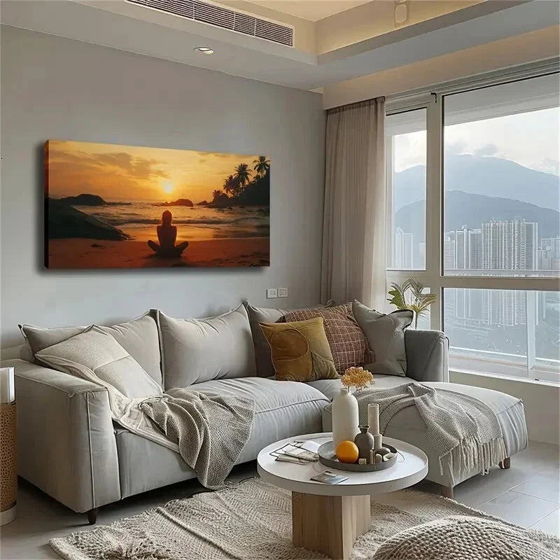 Serene Woman Meditating Beach Wall Art Canvas Office Home Room Framed 120x60cm