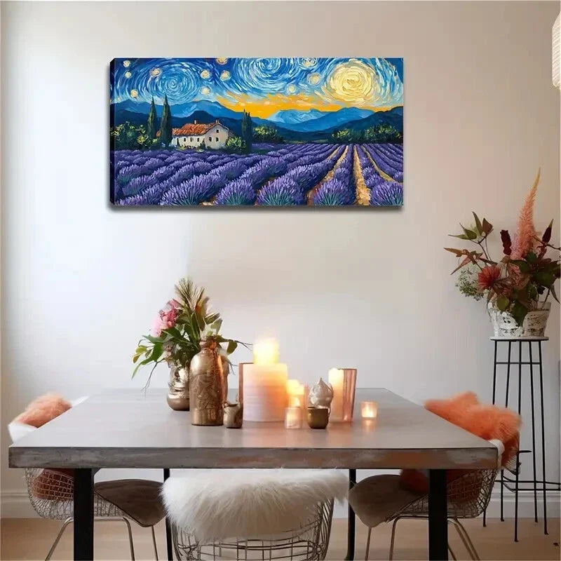 Van Gogh Inspired Purple Starry Wall Art Canvas Office Home Room Framed 120x60cm