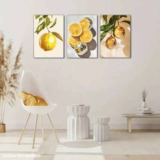 3pcs Golden Lemon & Orange Slices Disco Light Ball Metal Print Ready to Hang Art