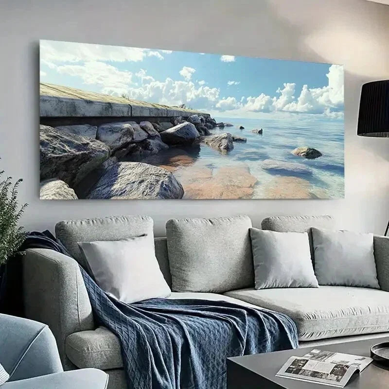 Coastal Wharf Serene Sea wall canvas office home room framed 120x60cm