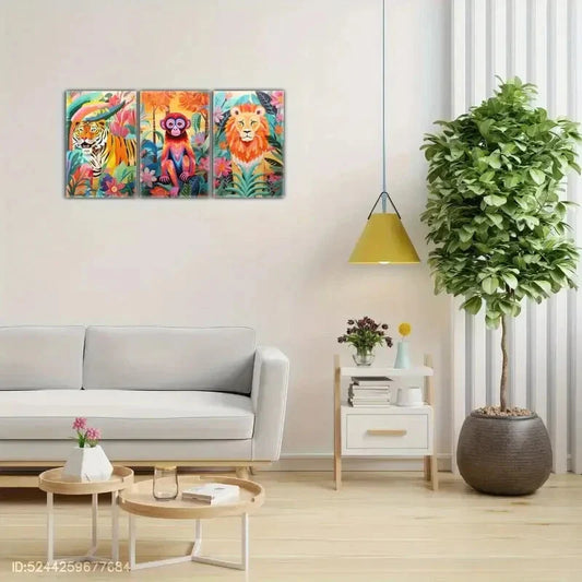 3pcs Tiger Monkey Lion Colorful Animal Art Print Metal Print Ready to Hang Art