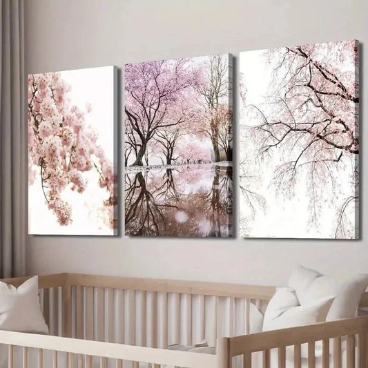 3pcs Sakura Tree Flower Reflection on Water Wall Art Set Canvas Framed 40x60cm - High Quality Print 100% Australian Made Wall Canvas Ready to Hang