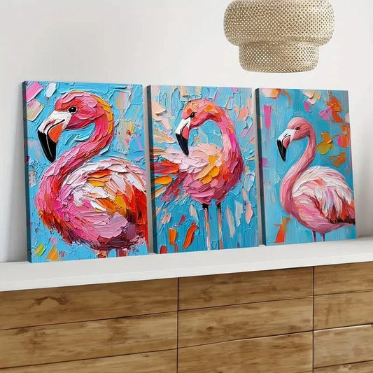 3pcs Colorful Pink Flamingo Oil Painting Elegant Wall Art Set Canvas Framed 40x60cm - High Quality Print 100% Australian Made Wall Canvas Ready to Hang