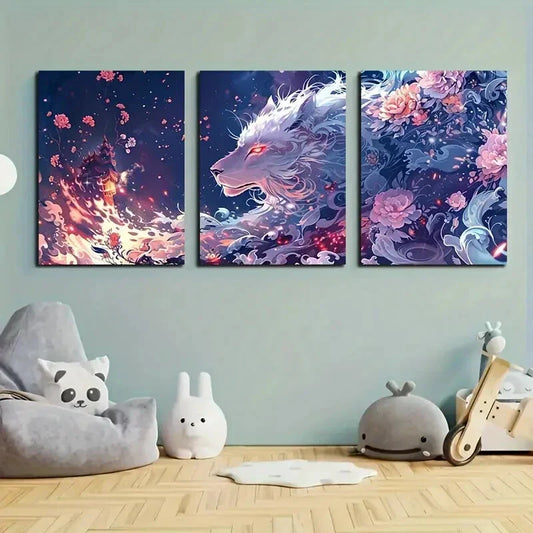 3pcs White Lion Glowing Eyes Animal Metal Print Ready to Hang Art