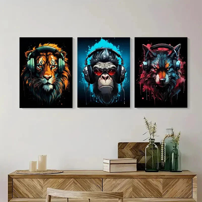 3pcs Cool Lion Wolf Gorilla Headphones Metal Print Ready to Hang Art