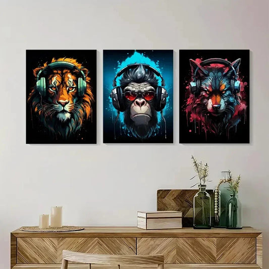 3pcs Cool Lion Wolf Gorilla Headphones Metal Print Ready to Hang Art