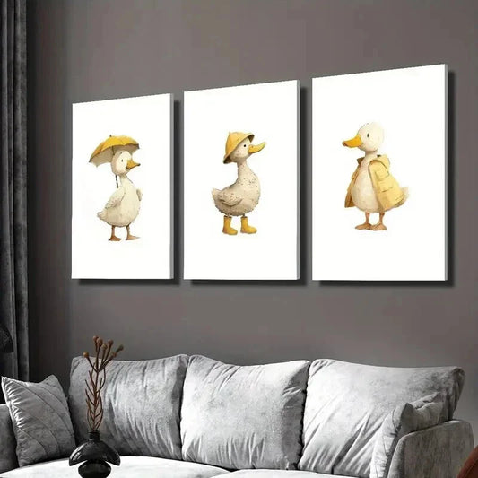 3pcs Duck Holding Umbrella with Hat and Cloths Wall Art Set Canvas Framed 40x60cm - High Quality Print 100% Australian Made Wall Canvas Ready to Hang