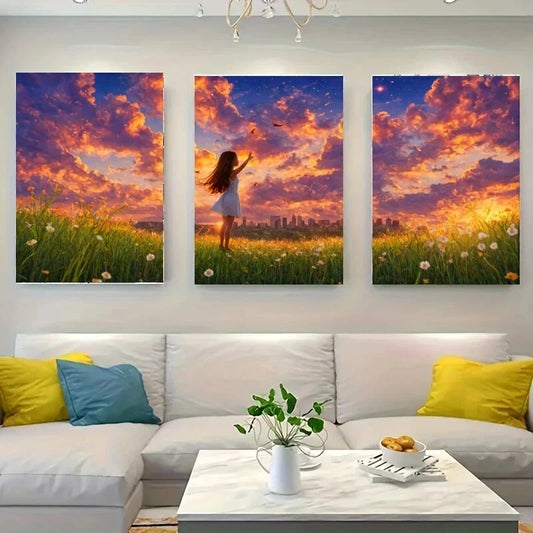 3pcs A Girl Standing in a Field of Flowers Metal Print Ready to Hang Art