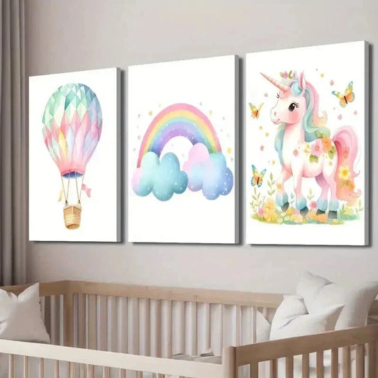 3pcs Cute Pink Unicorn Flowers And Butterflies Wall Art Set Canvas Framed 40x60cm - High Quality Print 100% Australian Made Wall Canvas Ready to Hang