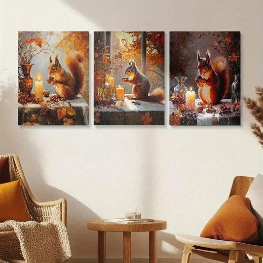 3pcs Cute Red Squirrel Eating Nuts in Autumn Metal Print Ready to Hang Art
